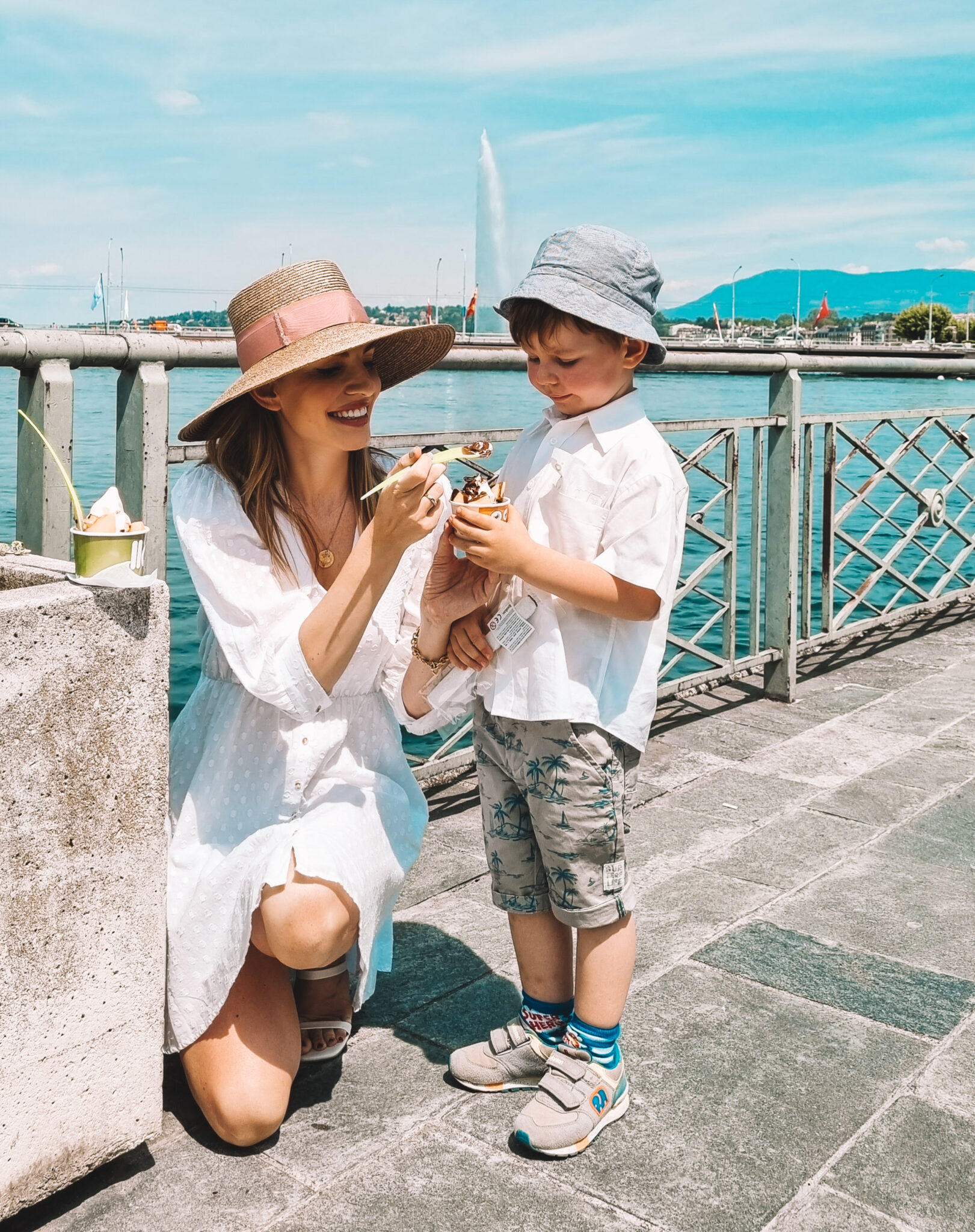 Mother and son in Geneva eating Llaollao