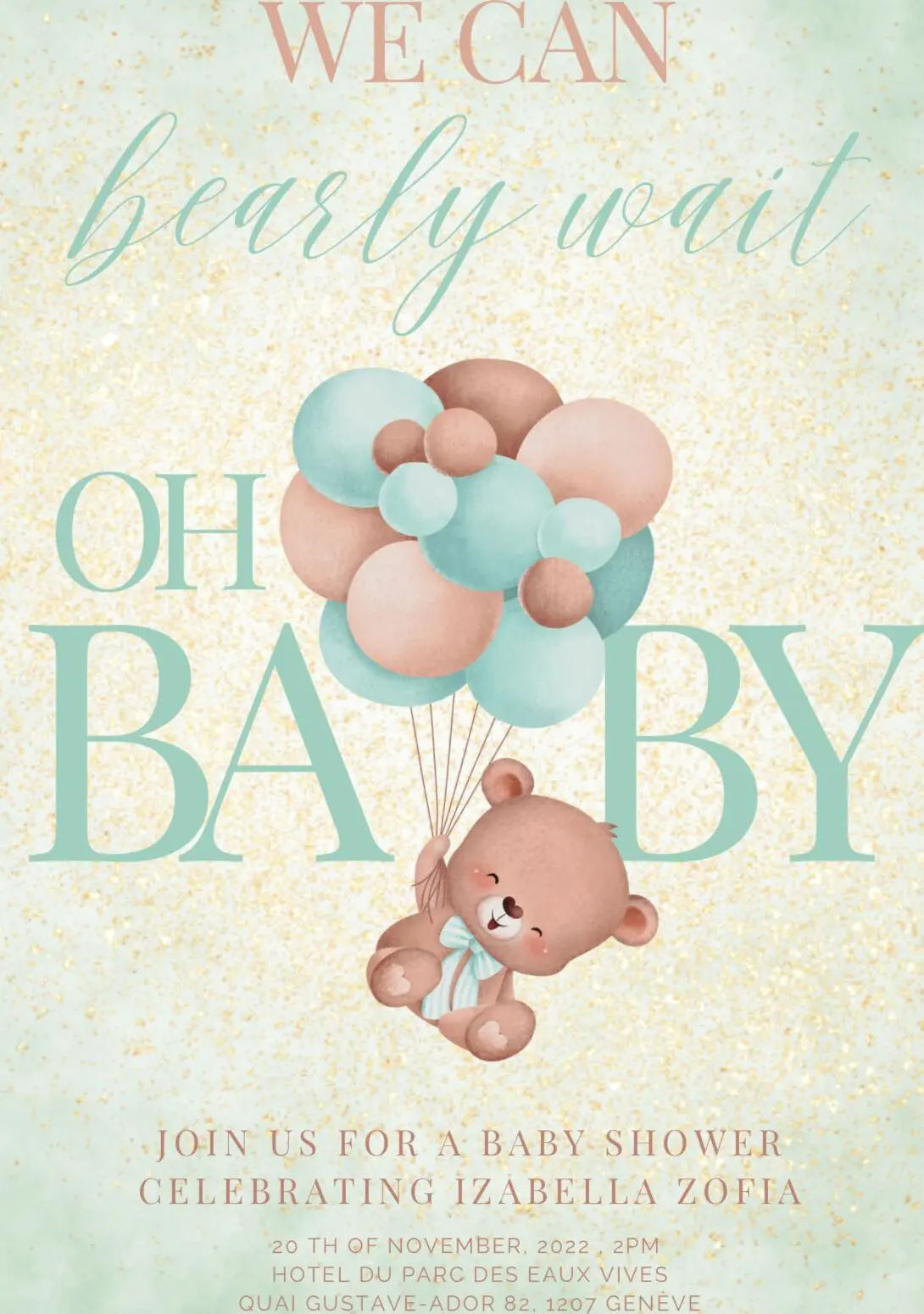 OH, BABY! My Dreamy Gender Neutral Baby Shower Theme. Delicious Teddy Bear Cake, Water Green Color Palette and historical venue at L'Hôtel Restaurant du Parc des Eaux-Vives from 1750.